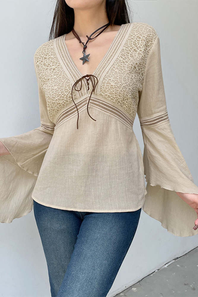 Elegant Solid Patchwork Frenulum V Neck Tops