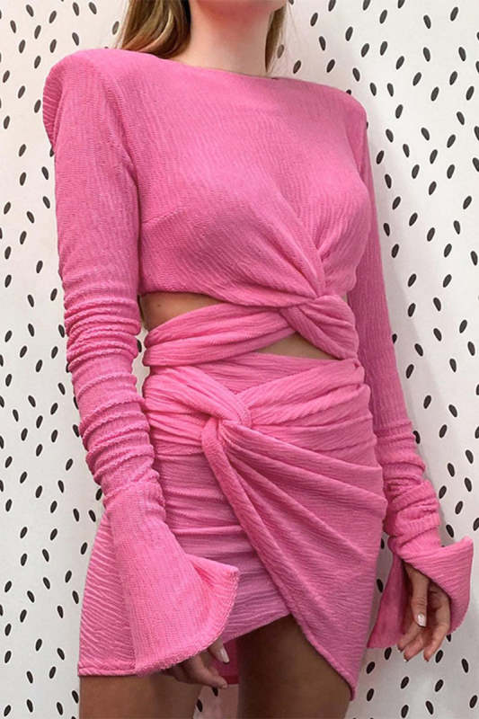 Sexy Solid Hollowed Out Fold O Neck Long Sleeve Two Pieces