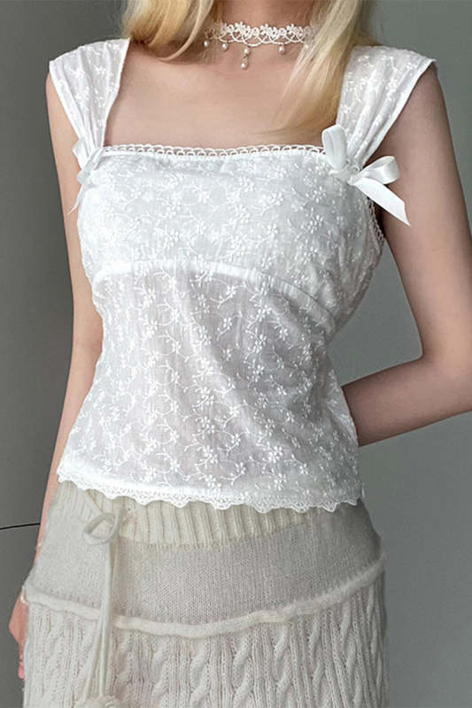 Sweet Solid Jacquard Bandage With Bow Square Collar Tops
