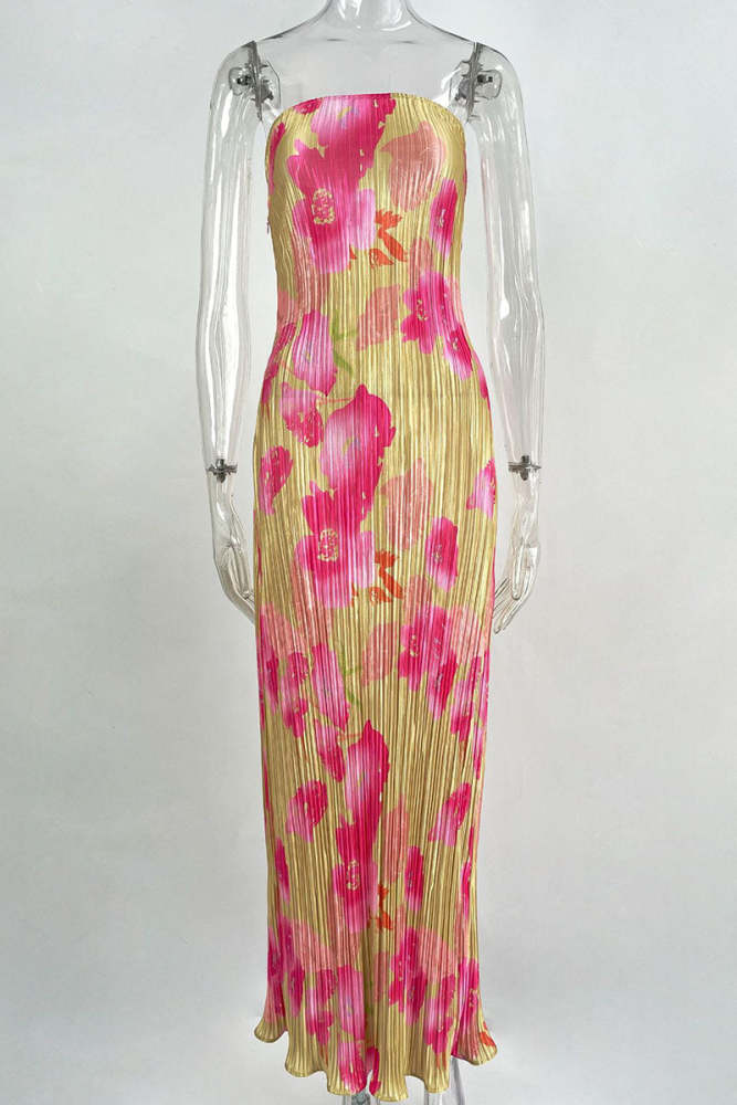 Sexy Print Patchwork Fold Strapless Pencil Skirt Dresses