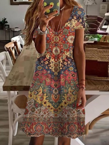 Women's Vintage Floral Print Dress V-Neck Summer Dress