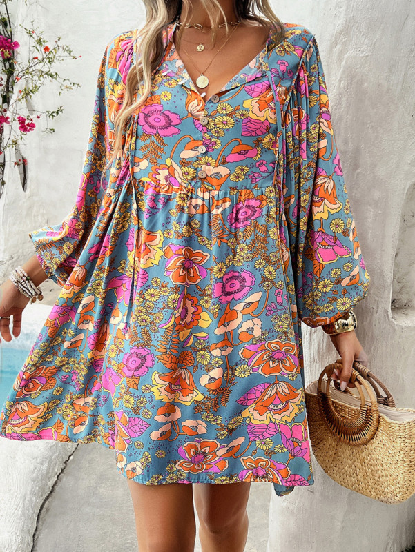 Women's Summer Bohemian Dress Floral Print V-Neck Long Sleeve Holiday Dress Cotton Dress