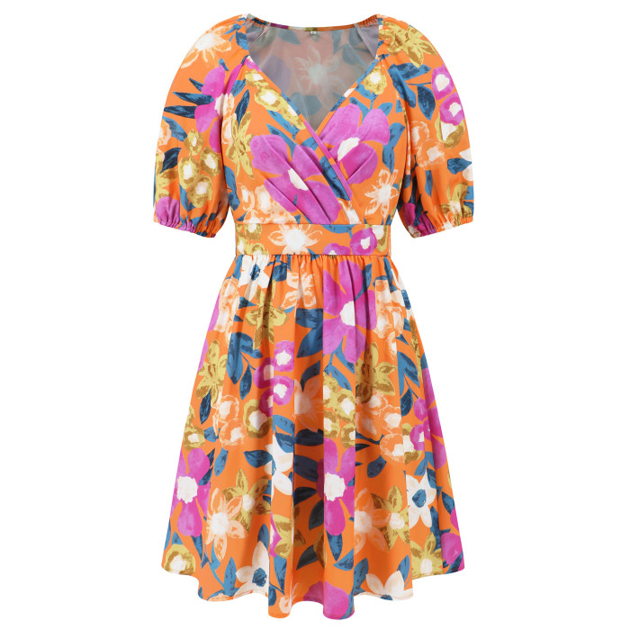 Women's Summer Floral Dress V-Neck Puff Sleeve Hollow Out Waist Beach Dress