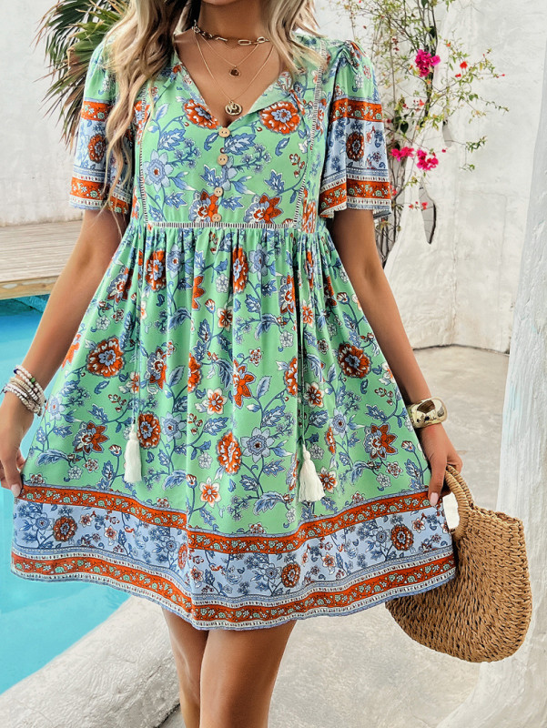 Women's Summer Bohemian Dress Floral Print V-Neck Short Sleeve Holiday Dress