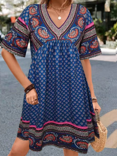 Women's Bohemian Dress V-Neck Short Sleeve Tribal Midi Dress Holiday Dress