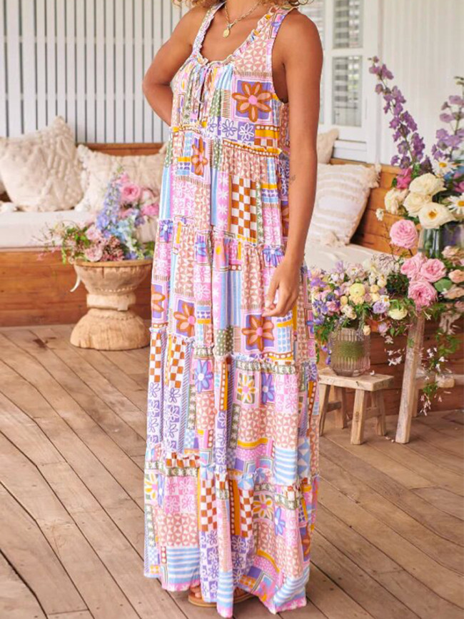 Women's Summer Boho Dress Sleeveless Floral Print Long Maxi Dress Holiday Dress