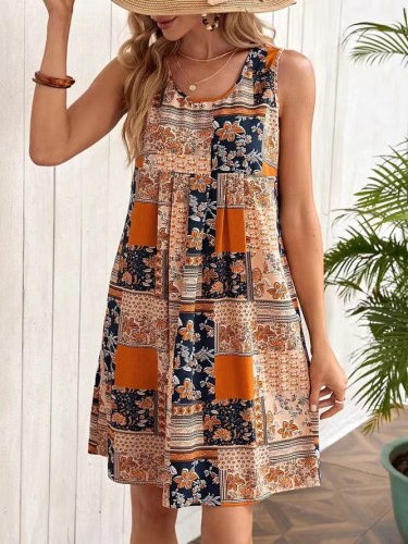 Women's Vintage Floral Patchwork Print Dress Crew-Neck Summer Dress