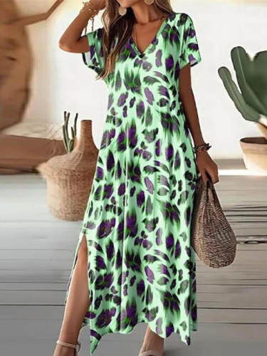 Women's Casual Dress V-Neck Short Sleeve Long Maxi Dress Holiday Dress