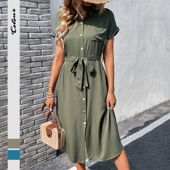 Women's Summer Solid Casual Dress Lapel Single Breasted Short Sleeve Shirt Dress