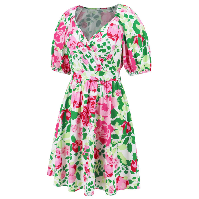 Women's Summer Floral Dress V-Neck Puff Sleeve Hollow Out Waist Beach Dress