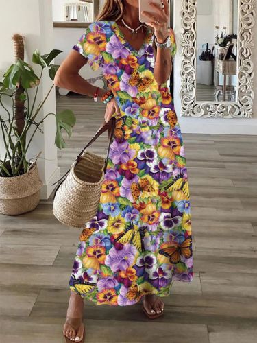 Women's Bohemian Dress V-Neck Short Sleeve Long Maxi Dress Holiday Dress