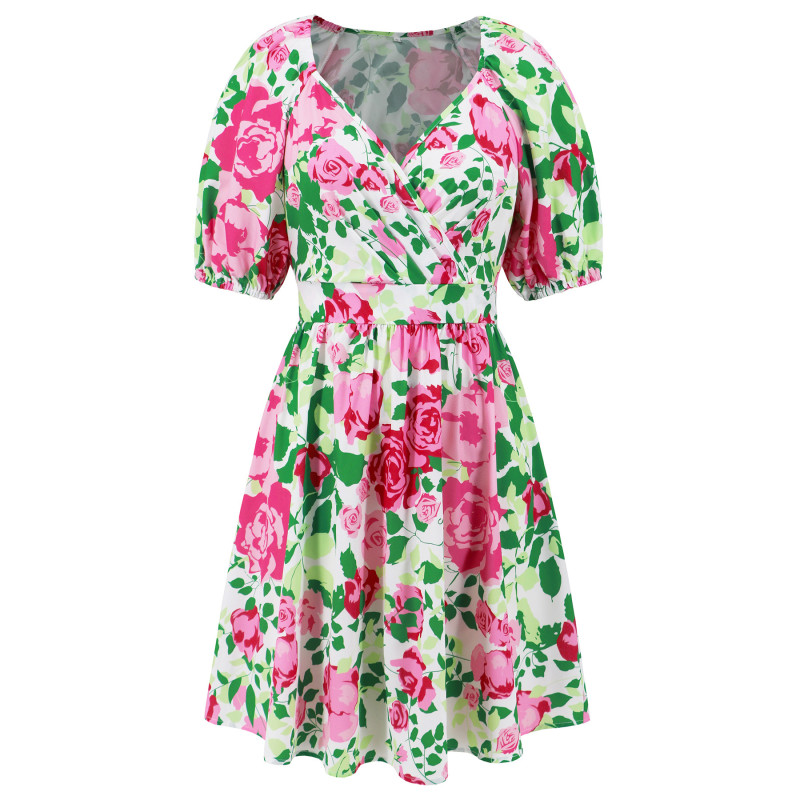 Women's Summer Floral Dress V-Neck Puff Sleeve Hollow Out Waist Beach Dress