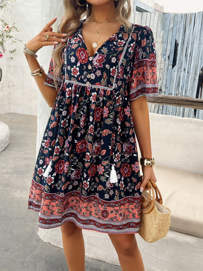 Women's Summer Bohemian Dress Floral Print V-Neck Short Sleeve Holiday Dress