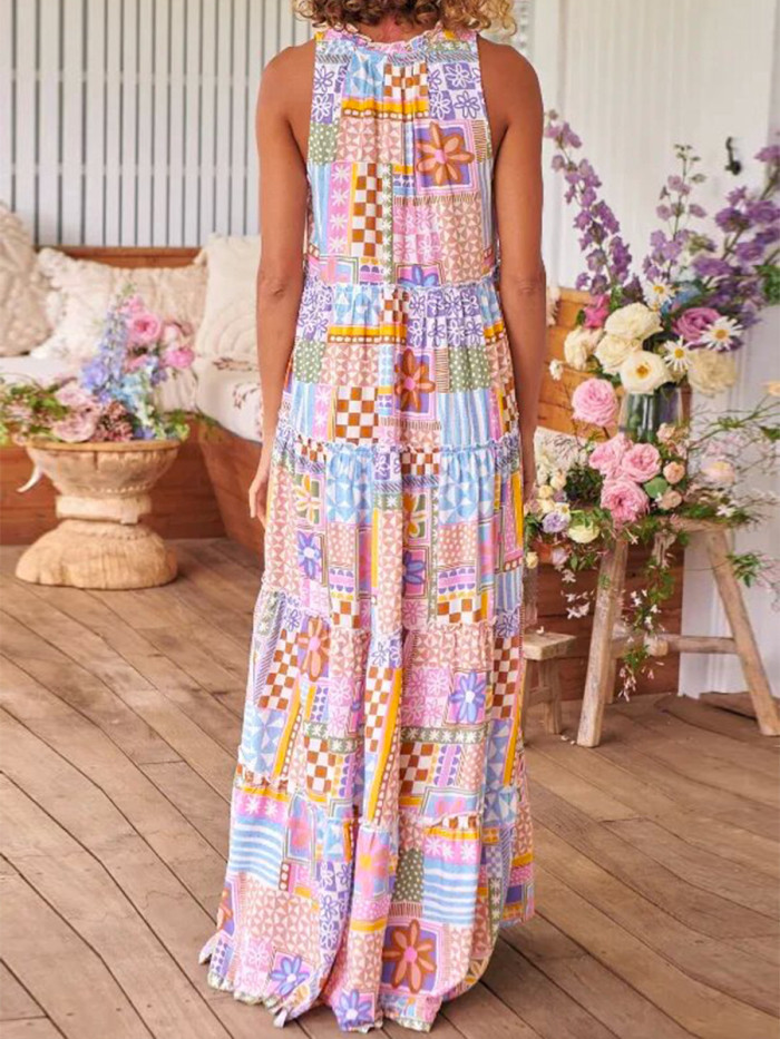 Women's Summer Boho Dress Sleeveless Floral Print Long Maxi Dress Holiday Dress