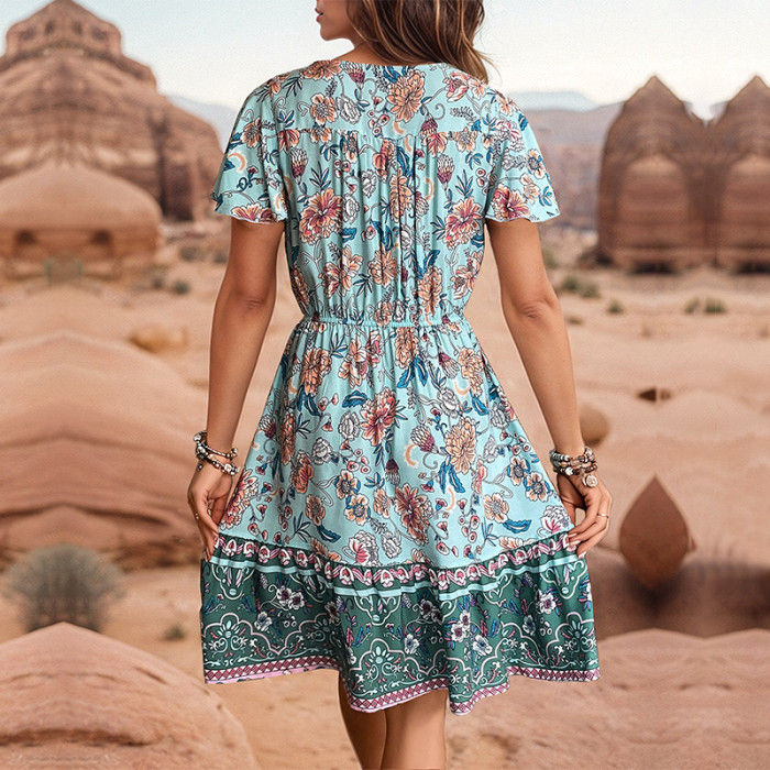 Women's Floral Dress V-Neck Short Sleeve Beach Dress Holiday Mini Dress