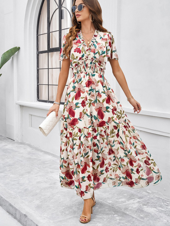 Women's Floral Dress V-Neck Short Sleeve Summer Holiday Dress