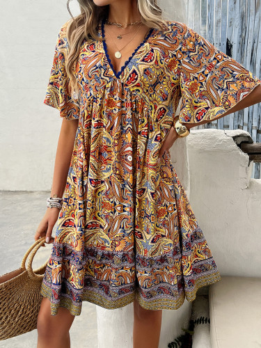 Women's Summer Bohemian Dress Paisley Print V-Neck Short Sleeve Holiday Dress