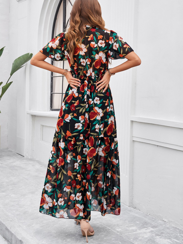 Women's Floral Dress V-Neck Short Sleeve Summer Holiday Dress