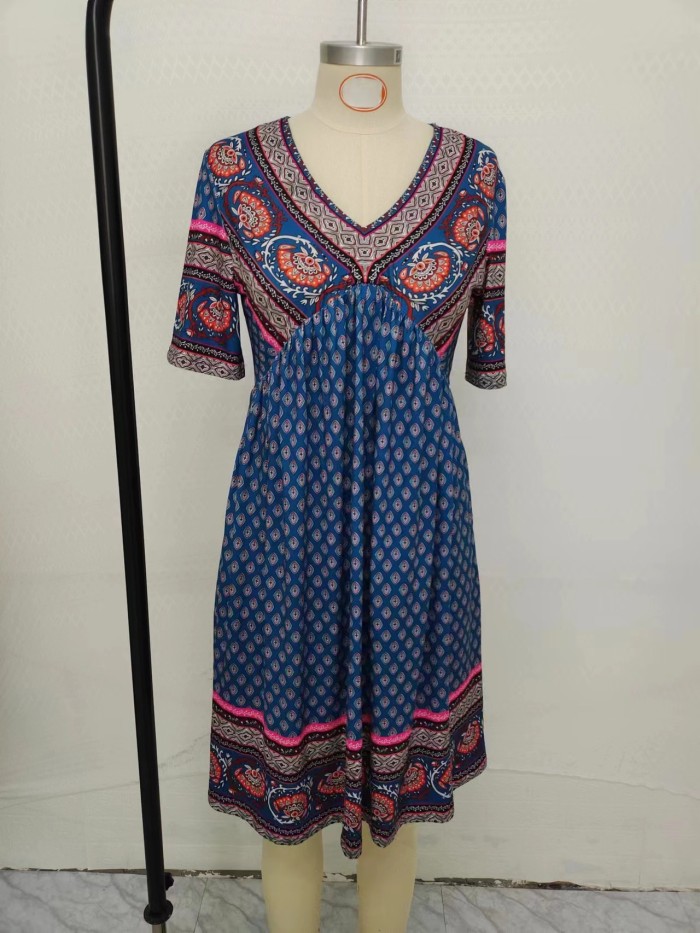 Women's Bohemian Dress V-Neck Short Sleeve Tribal Midi Dress Holiday Dress