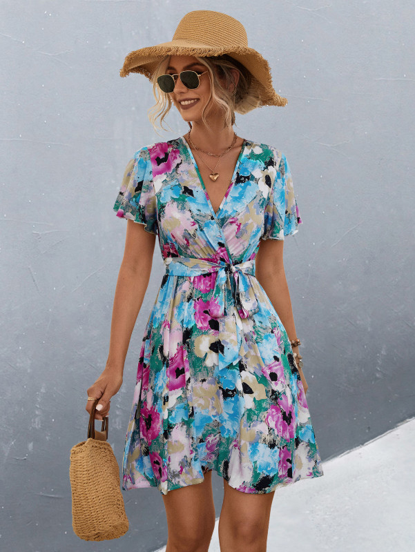 Women's Summer Floral Dress Short Sleeve V-Neck Holiday Dress
