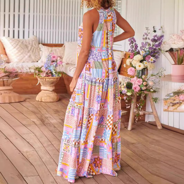 Women's Summer Boho Dress Sleeveless Floral Print Long Maxi Dress Holiday Dress