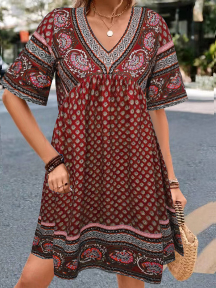 Women's Bohemian Dress V-Neck Short Sleeve Tribal Midi Dress Holiday Dress