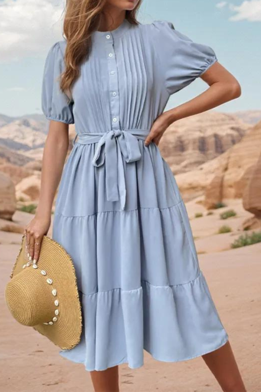 Women's Summer Solid Casual Dress Stand Collar Pleated Short Sleeve Ruffle Dress