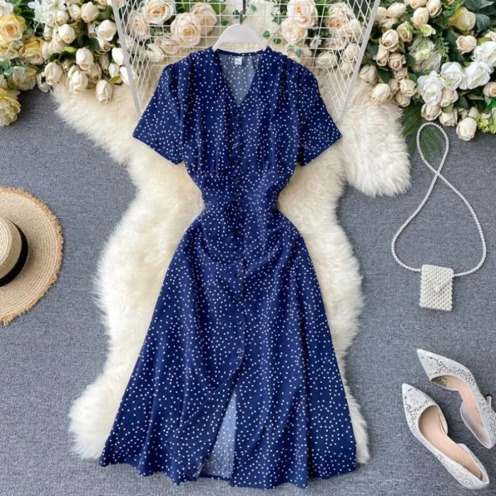Women's V-neck Polka Dot Printed Summer Chiffon Dress