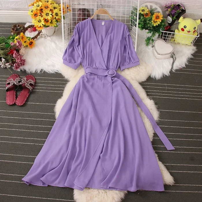 Women's Short Sleeve Casual Lace-up Pleated Chiffon Summer Dress
