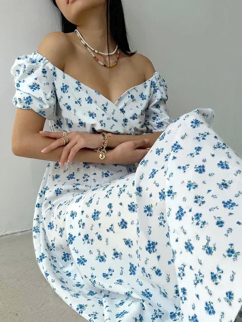 Women's Summer Dress Chiffon Floral Printed Vintage Long Maxi Dress