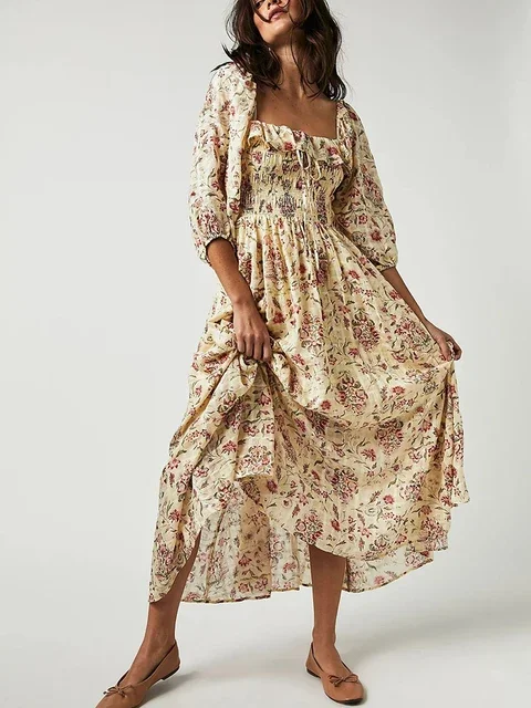 Women's Backless Half Sleeve Floral Printed Maxi Dress