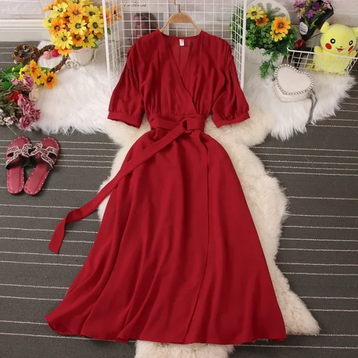 Women's Short Sleeve Casual Lace-up Pleated Chiffon Summer Dress