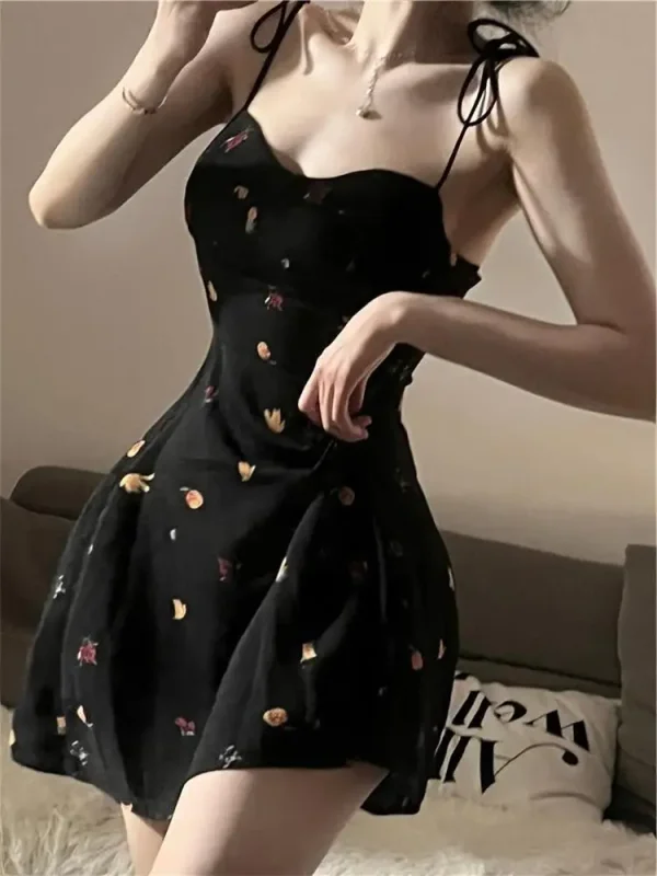 Women's Retro Floral Printed Outfits Spaghetti Strap Summer Mini Dress