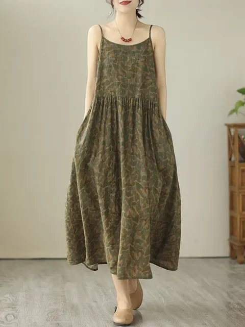 Women's Sleeveless Strap Cotton Vintage Floral Printed Summer Dress