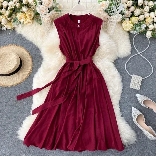 Women's Solid Color Sleeveless Round-Neck Fashion Summer Dress