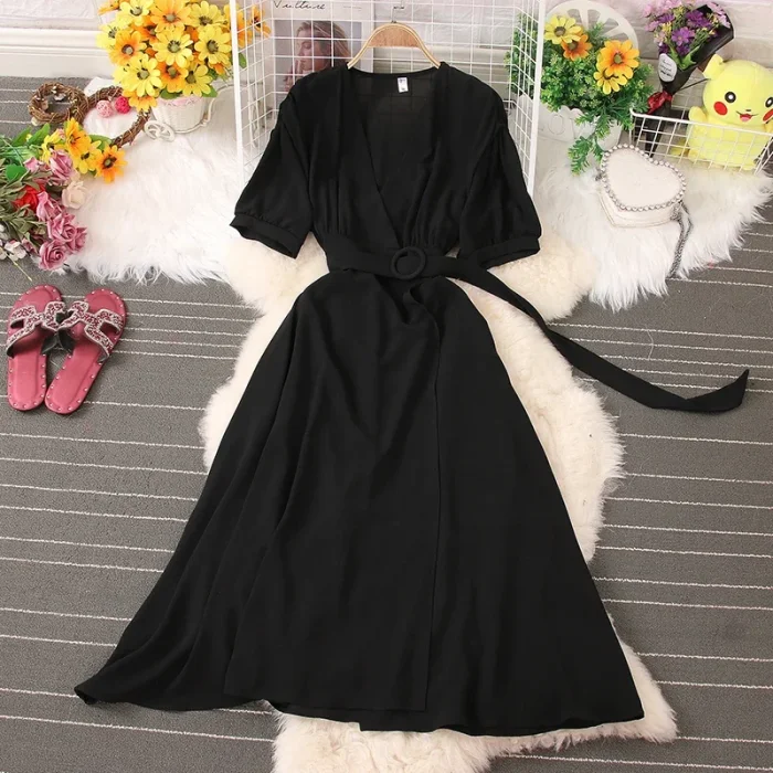 Women's Short Sleeve Casual Lace-up Pleated Chiffon Summer Dress