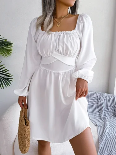Women's Square Collar Long Sleeve Fit And Flare Summer Dress