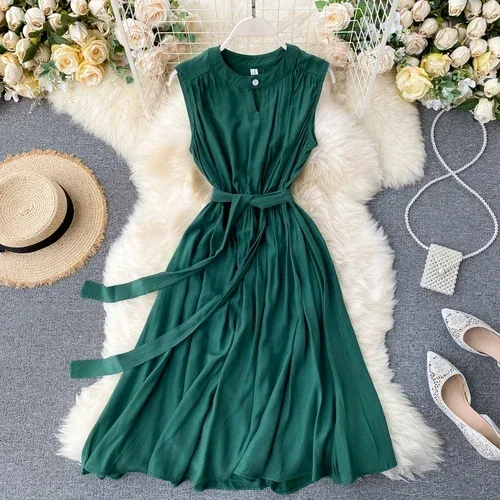 Women's Solid Color Sleeveless Round-Neck Fashion Summer Dress