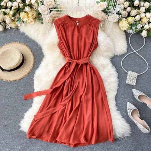 Women's Solid Color Sleeveless Round-Neck Fashion Summer Dress