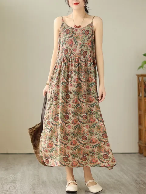 Women's Sleeveless Strap Cotton Vintage Floral Printed Summer Dress