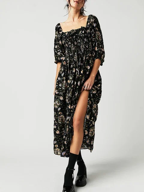 Women's Backless Half Sleeve Floral Printed Maxi Dress