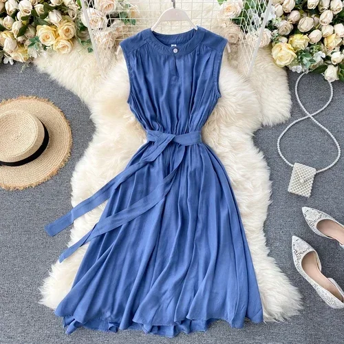 Women's Solid Color Sleeveless Round-Neck Fashion Summer Dress