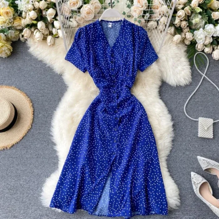 Women's V-neck Polka Dot Printed Summer Chiffon Dress