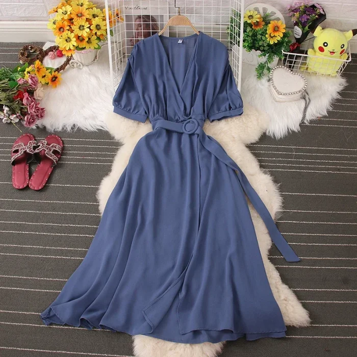 Women's Short Sleeve Casual Lace-up Pleated Chiffon Summer Dress