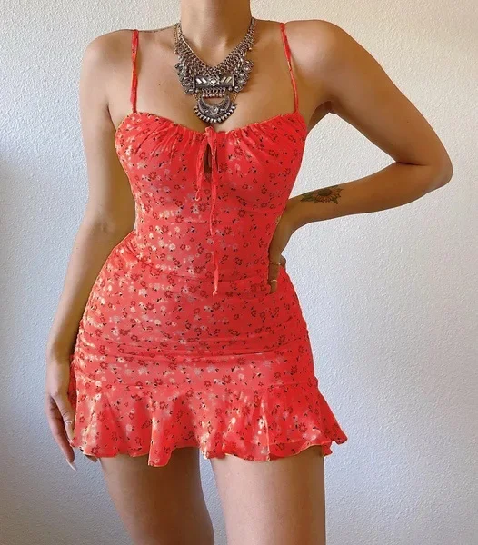 Women's Spaghetti Strap Sleeveless Fashion Floral Printed Summer Mini Dress