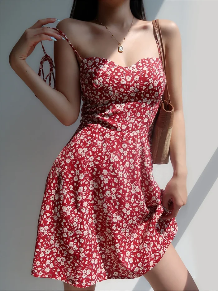 Women's Retro Floral Printed Outfits Spaghetti Strap Summer Mini Dress