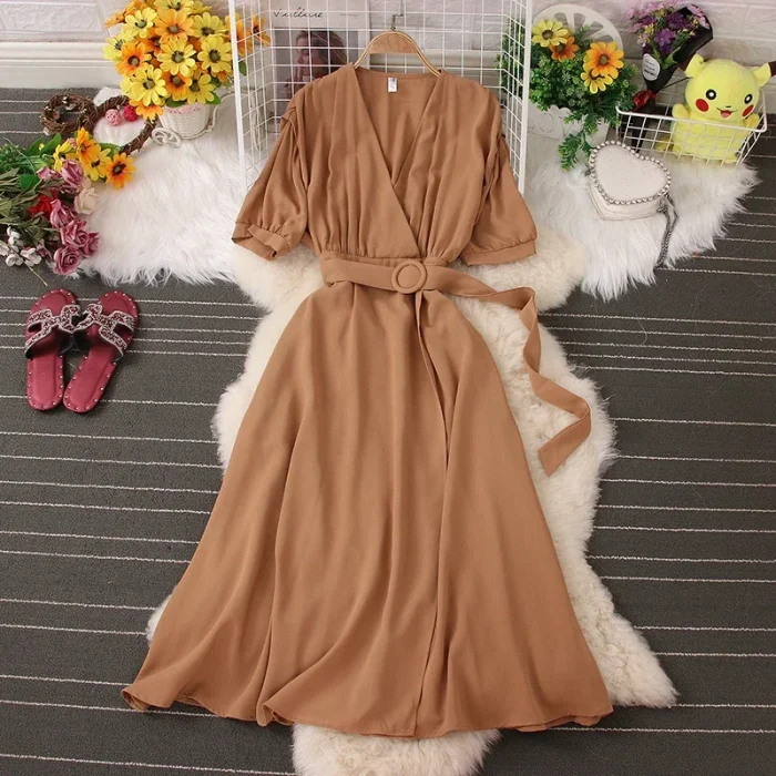 Women's Short Sleeve Casual Lace-up Pleated Chiffon Summer Dress