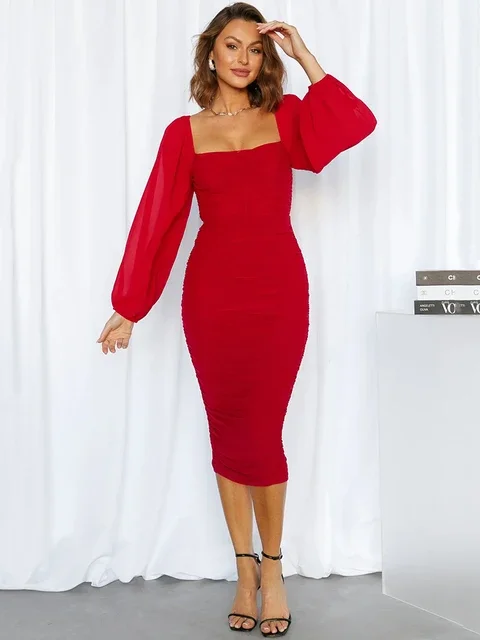 Women's Mesh Sleeves Backless Midi Dress Long Party Dress