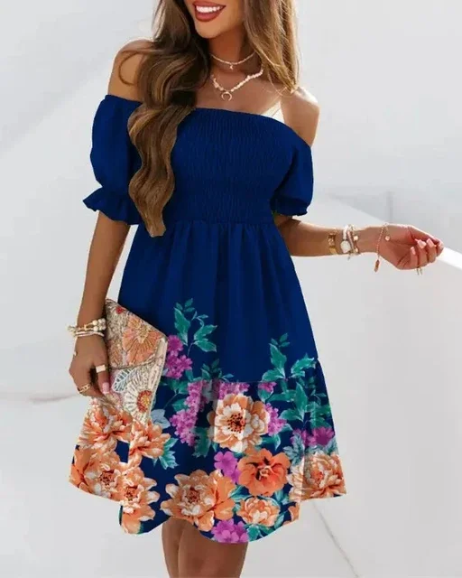 Women's Short Sleeve Bohemian Printed Off Shoulder Mini Summer Dress