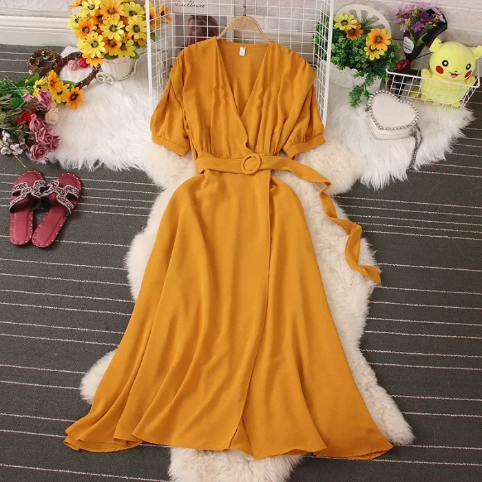 Women's Short Sleeve Casual Lace-up Pleated Chiffon Summer Dress